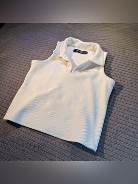 Straightforward Cream Ribbed Sleeveless Polo Crop Top XS